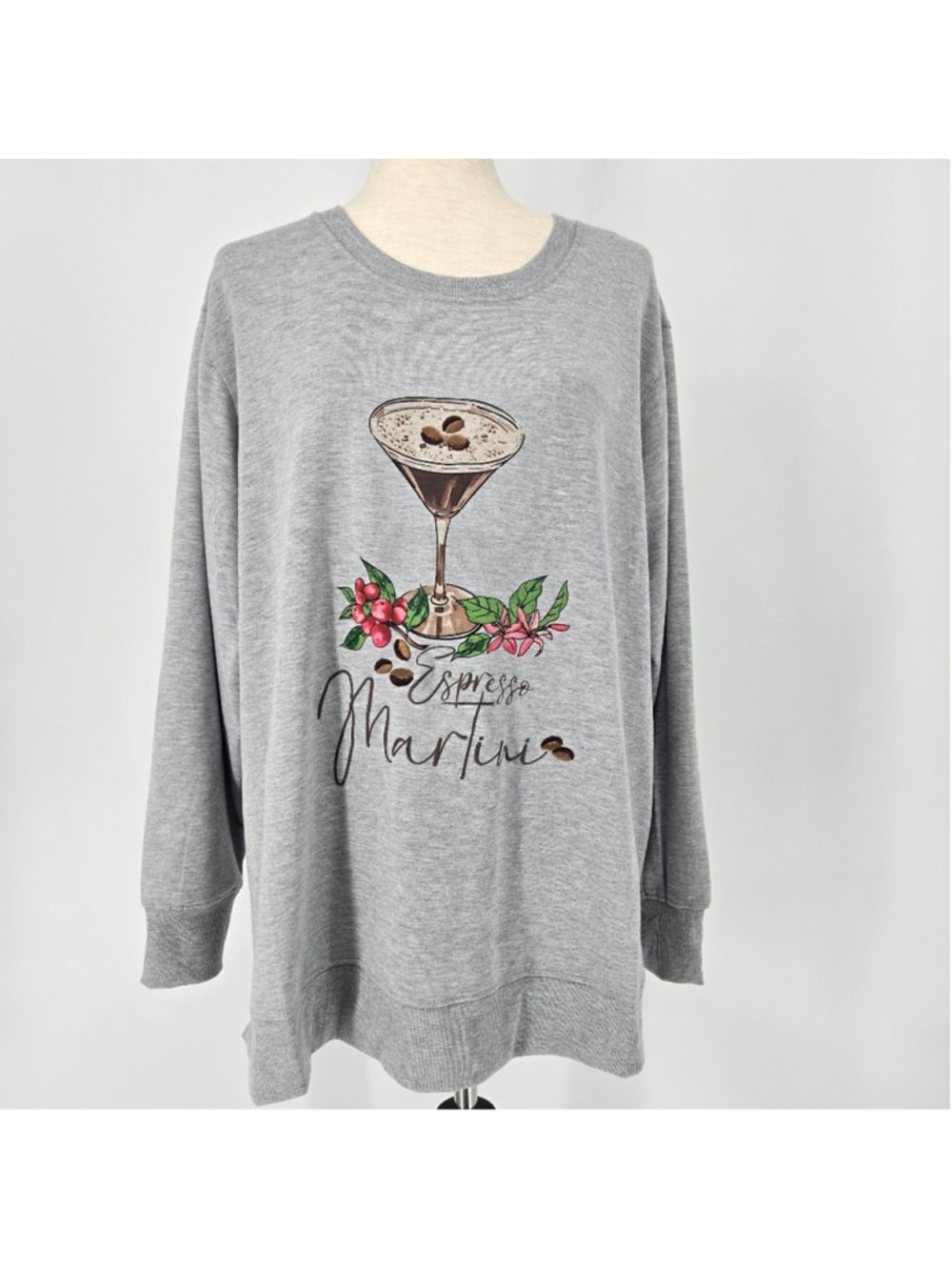 Jane + Delancey Gray Long Sleeve Tee – Espresso Martini Design – Size 1X NWT